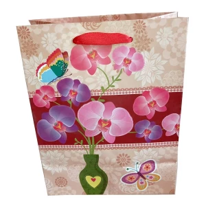 Картинка Пакет подарочный Ваза с орхидеей и бабочка блёстки