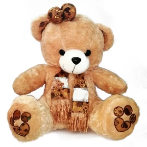 Картинка Медведь Мики коричневый в полосатом шарфе с бантом 55см