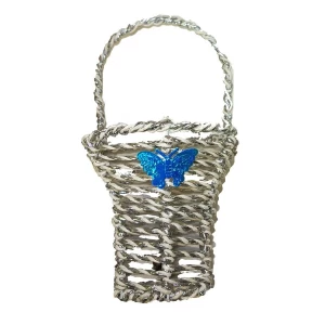 Фотография Кашпо декоративное с бело-серебристой обёрткой (бабочка) 21,5см