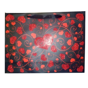 Фото Пакет подарочный чёрный с красными сердцами 37x28см