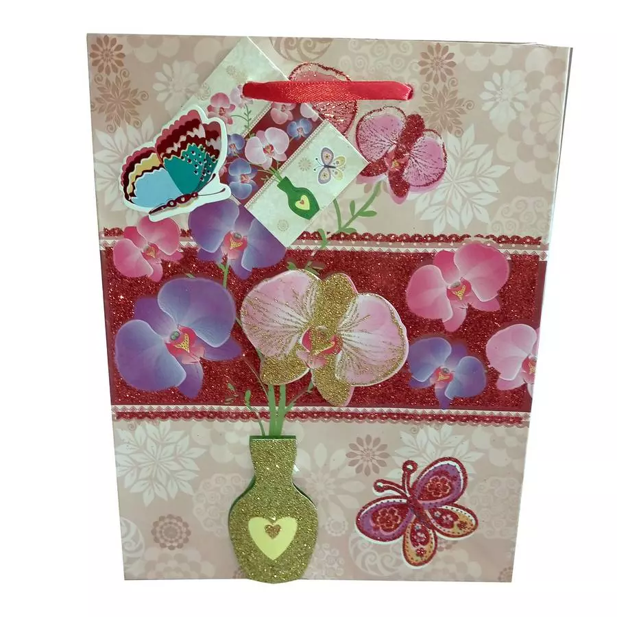 Фотография Пакет подарочный Ваза с орхидеей и бабочка блёстки