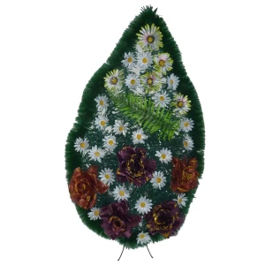 Фото Венок ритуальный 2 вида ромашек, 5 роз и лист папоротника 90см
