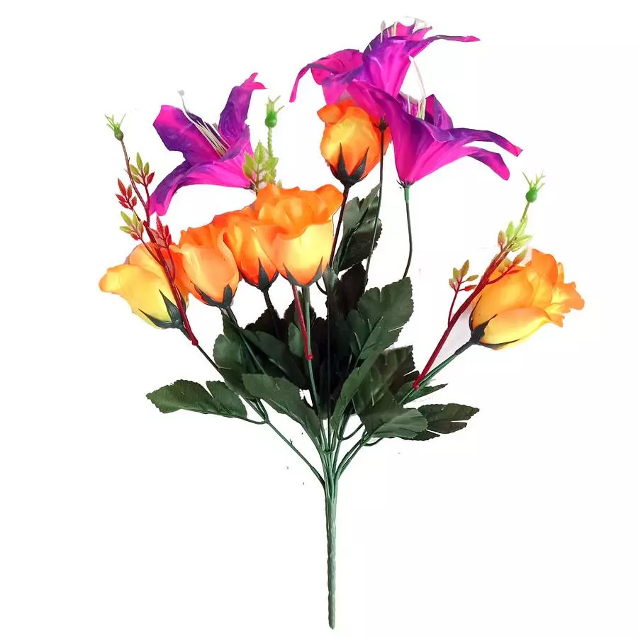 Фотография Цветочная композиция с лилиями и розами 10 голов (3+7) 38см 215-511+644
