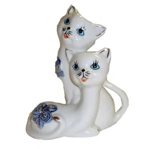 Фотография Пара белых кошек с голубыми цветами 12,5см 3481 АВ34129