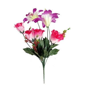 Фотография Цветочная композиция с лилиями и розами 10 голов (3+7) 38см 215-511+644
