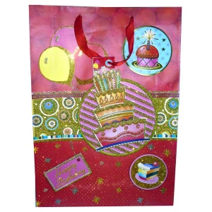 Картинка Пакет п-ный Happy Birthday Торт, шарики блёстки с позолотой 44см