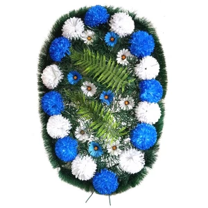 Фото Венок рит-ный Баинат (георгины, шафраны) синие и белые цветы 90см